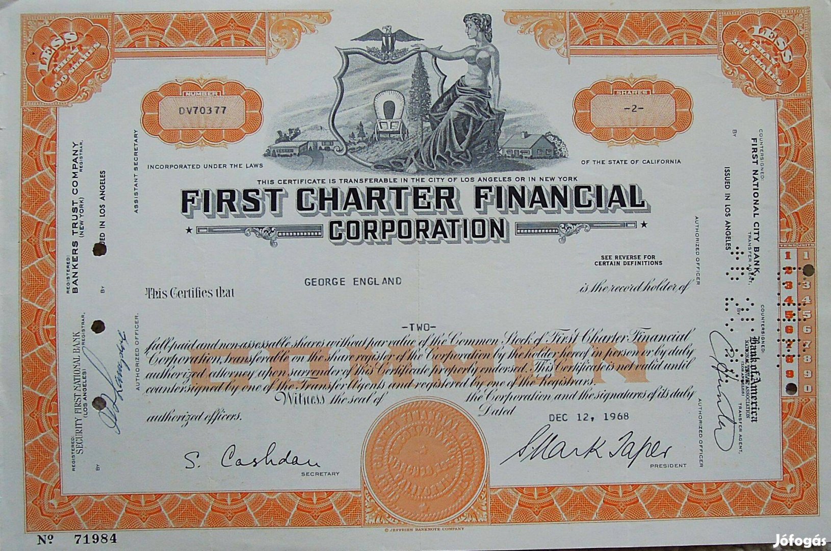 USA retro részvény 1968 First Charter Financial Co