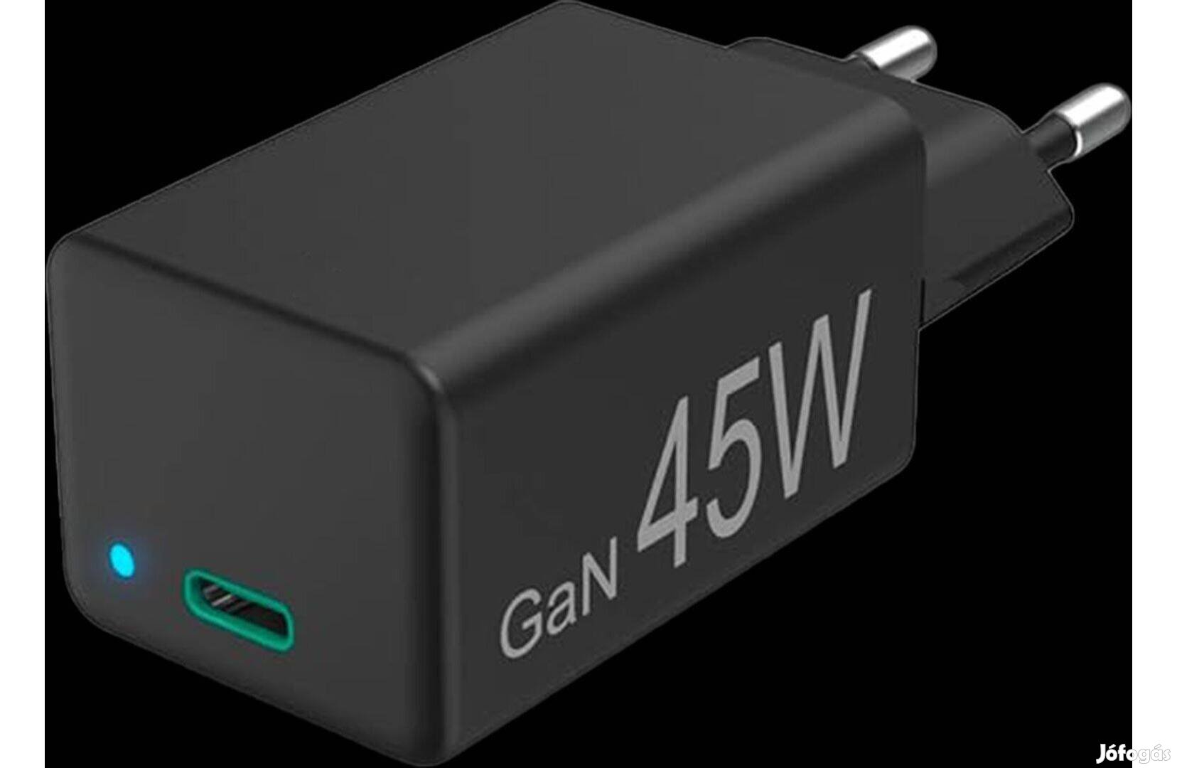 USB-C, PD / Qualcomm / GaN, mini töltő, 45 W, fekete