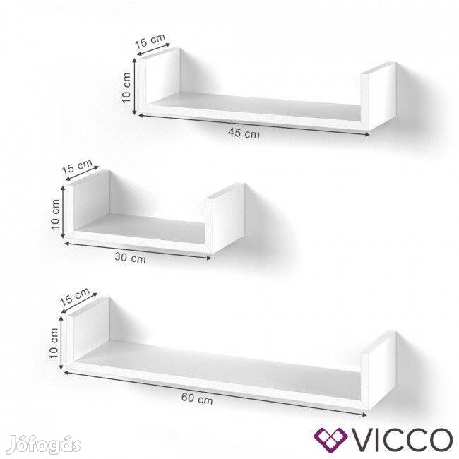 U alakú fali polc szett, 3 db-30,45,60 cm- fehér