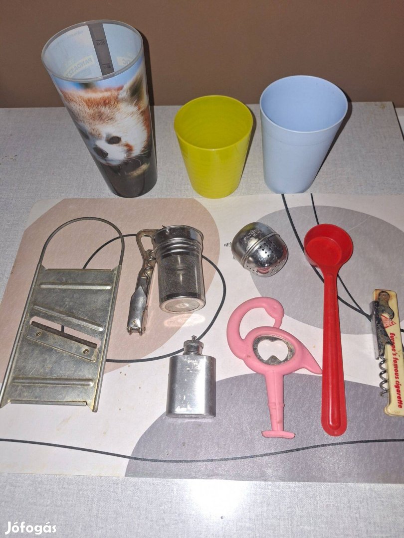 Uborka gyalu, tányér alátét, dugóhúzó, sörnyitó, evőeszköz