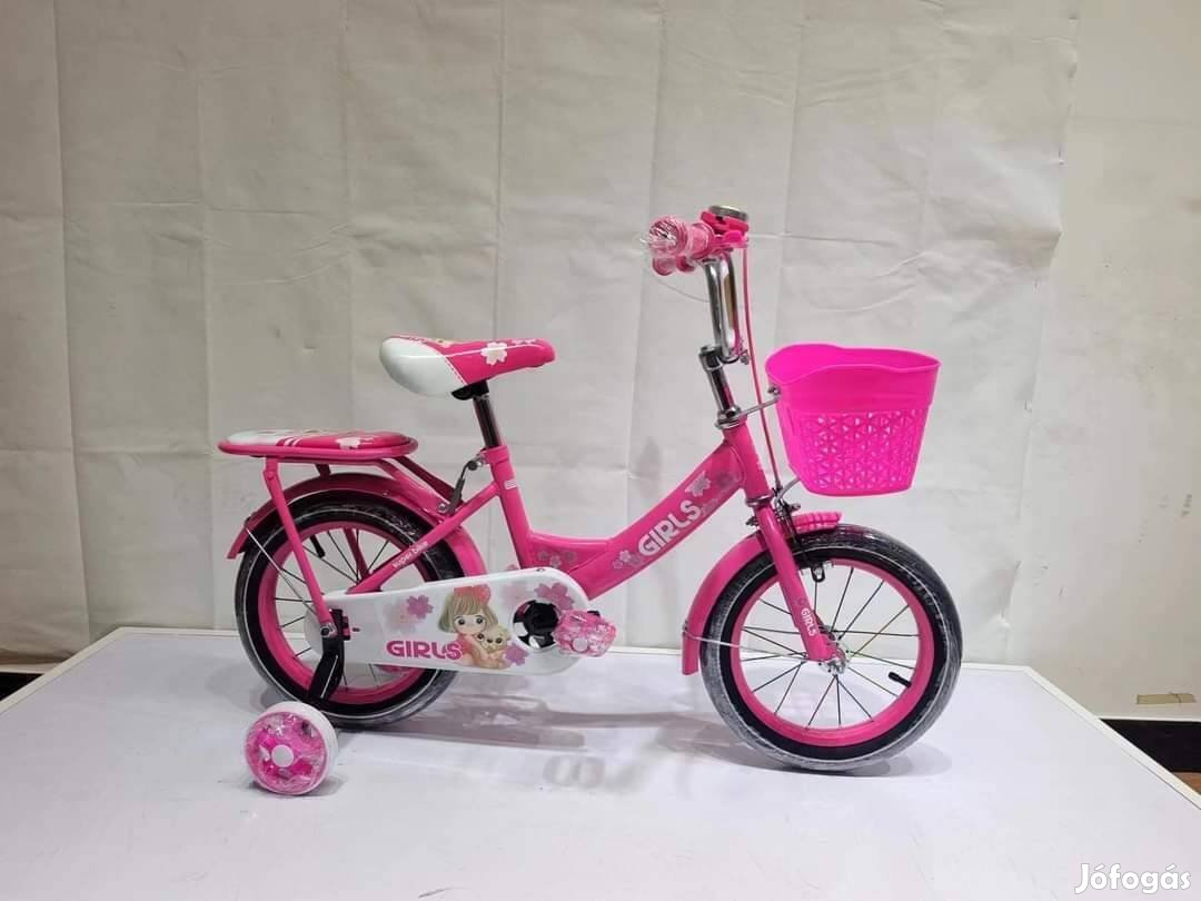 Új 14-es kontrás kerékpár pótkerékkel kosárral rózsaszín 