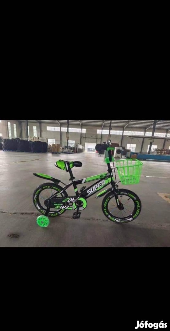 Új 16-os zöld kontrás kerékpár pótkerékkel kosárral 