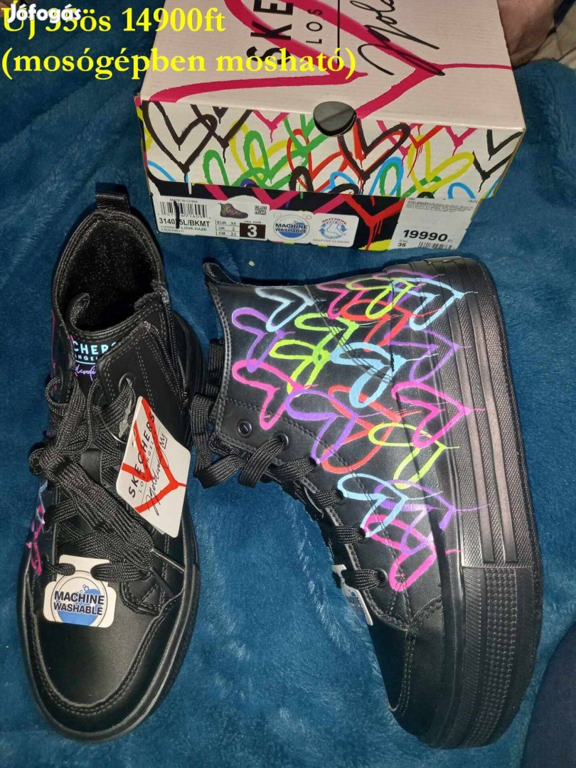 Új 35-ös lány magasszárú Skechers fekete cipő, mosogépben mosható