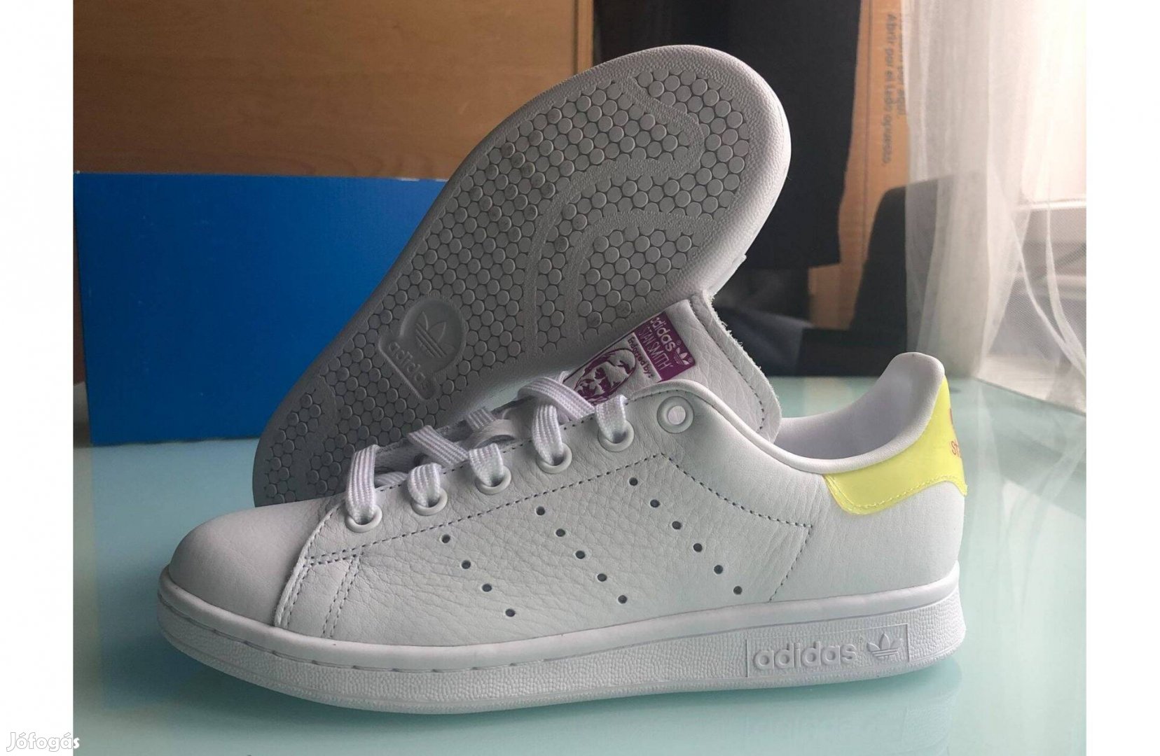 Új 36 Adidas Stan Smith Fehér Bőr Unisex Női Cipő Citromsárga