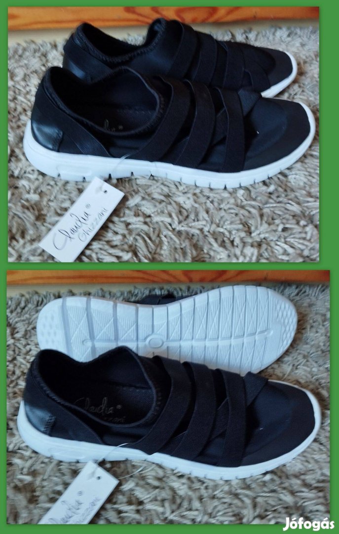 Új 39-es belebújós fekete extra könnyű cipő, bth 24 cm