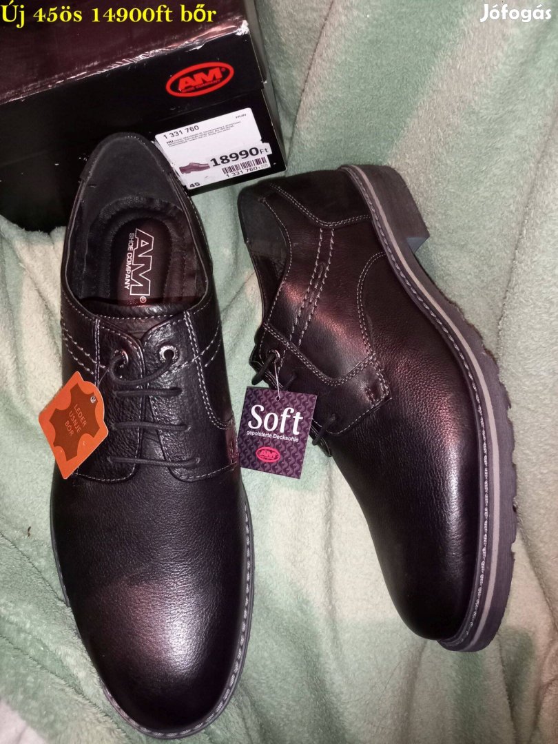 Új 45-ös AM férfi bőr soft fekete alkalmi elegáns cipő,