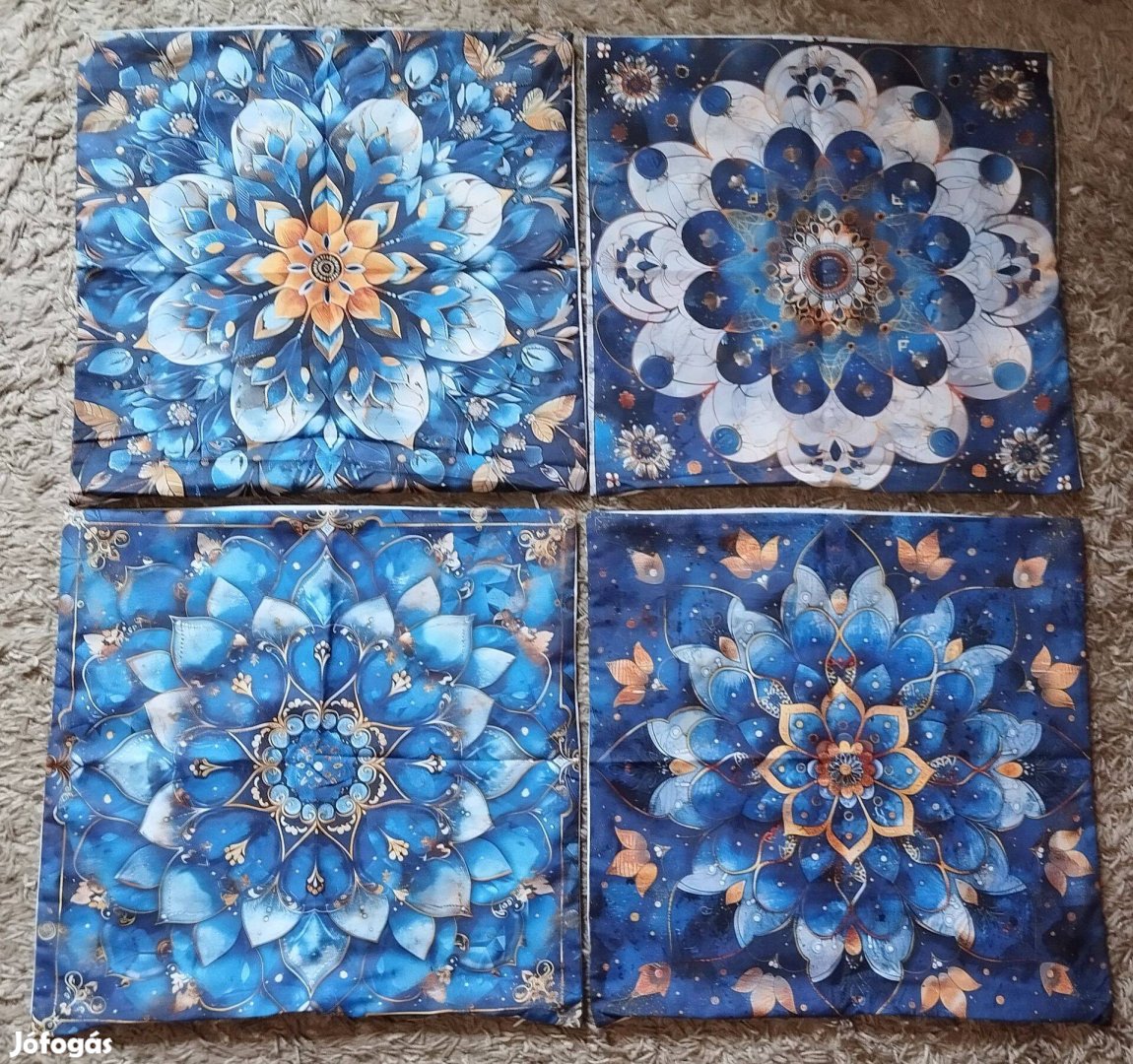 Új 4 db díszpárnahuzat szett, kék mandala, 45x45cm, zipzár, K5
