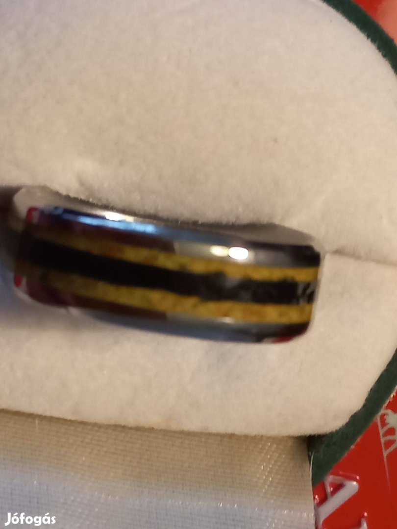 Új 8 mm nemesacél gyűrű, borostyán és fekete turmalin