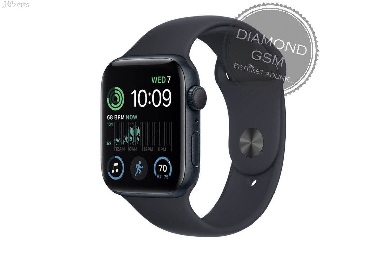Új Apple Watch SE 2023 44mm Fekete Alumíniumtok, Fekete Sportszíjjal,