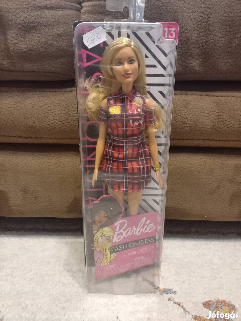 Új Barbie Fashionistas baba szőke kockás ruhában