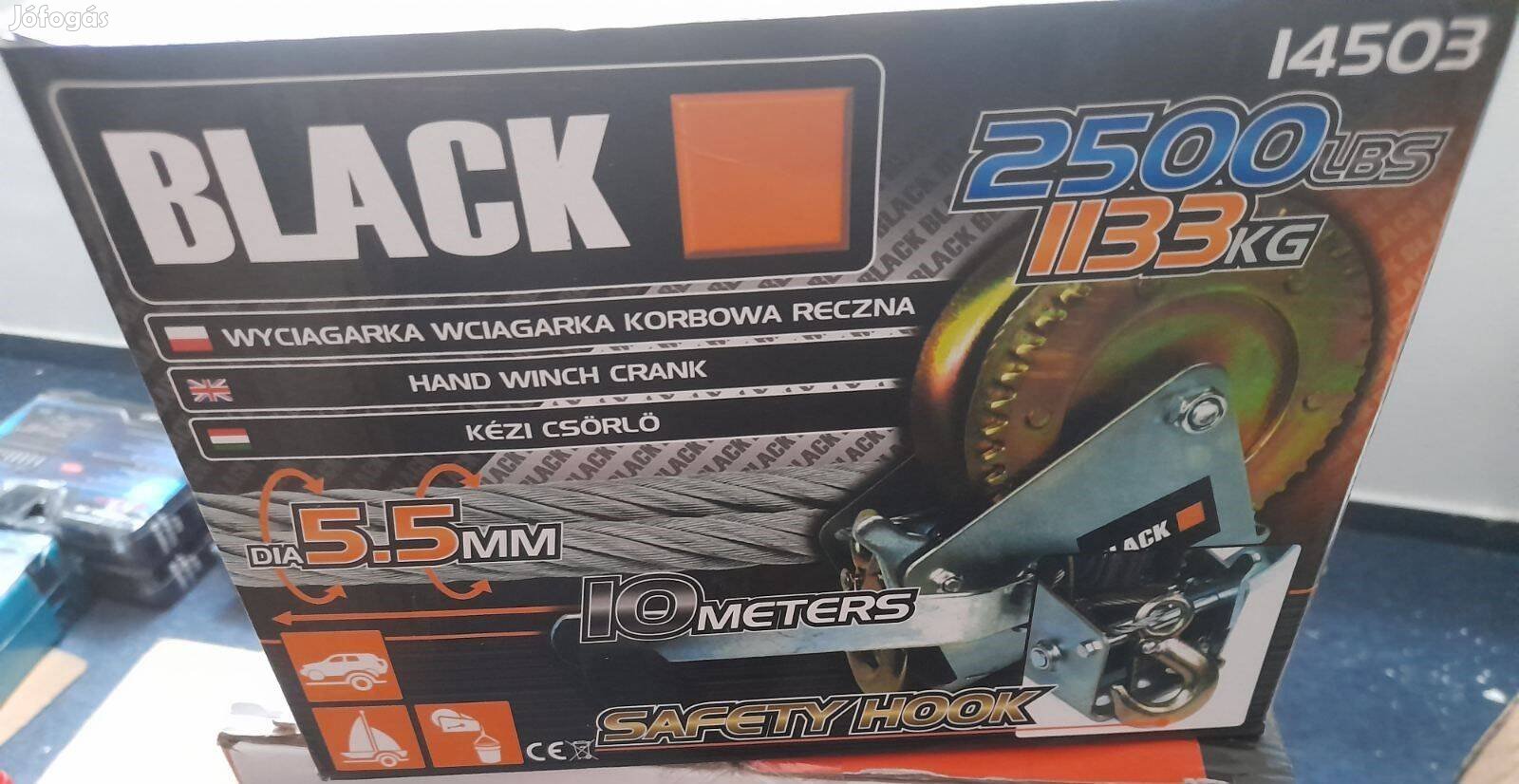 Új Black-tools drotköteles kézi csörlő 1133kg , 10Méter