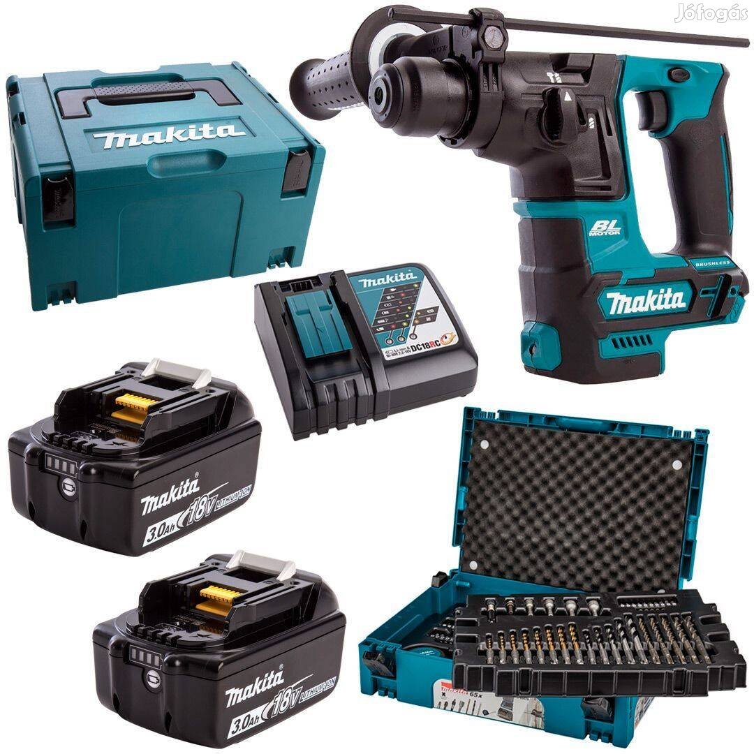 Új Makita DHR171Fjx1 SDS-Plus akkus fúrókalapács (18V/2x3.0Ah) + 65 db