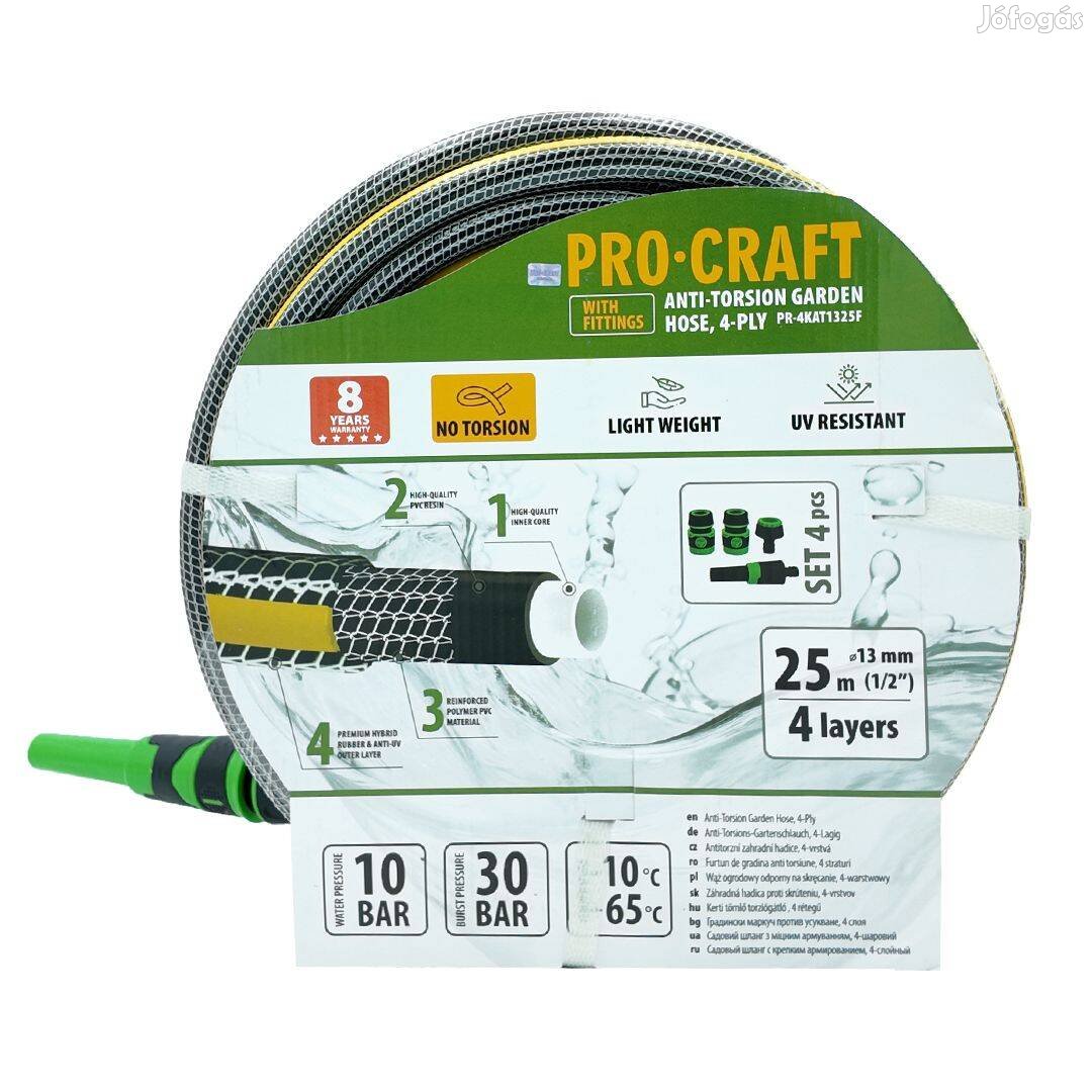 Új Procraft csavarodásmentes kerti locsolótömlő,1/2" 25m + tartozék