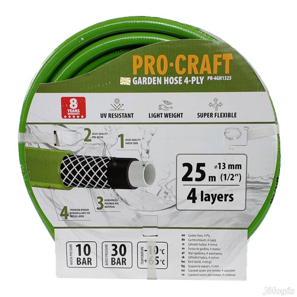 Új Procraft kerti locsolótömlő, slag 1/2" zöld, 4 réteg, 25m