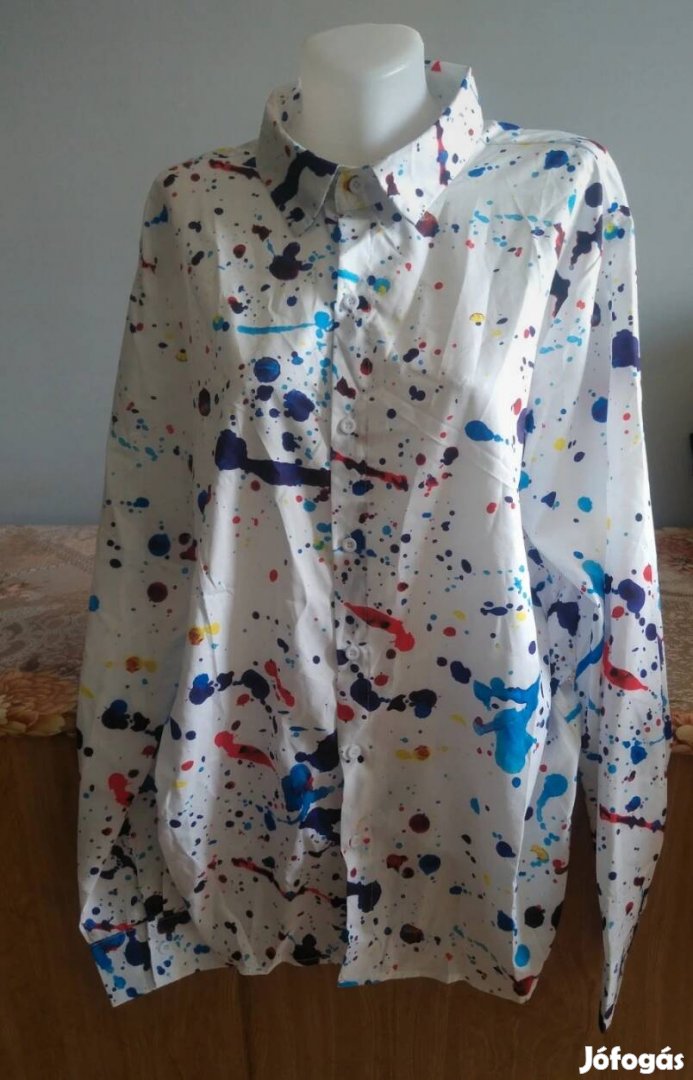 Új Shein fehér kék festék mintás egyedi alkalmi ing blúz