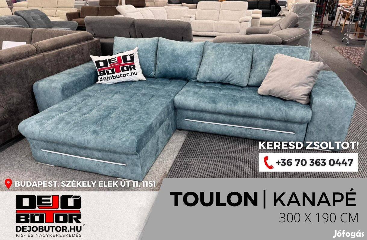 Új Toulon sarok kanapé ülőgarnitúra 290x190 cm ágyazható LED kék