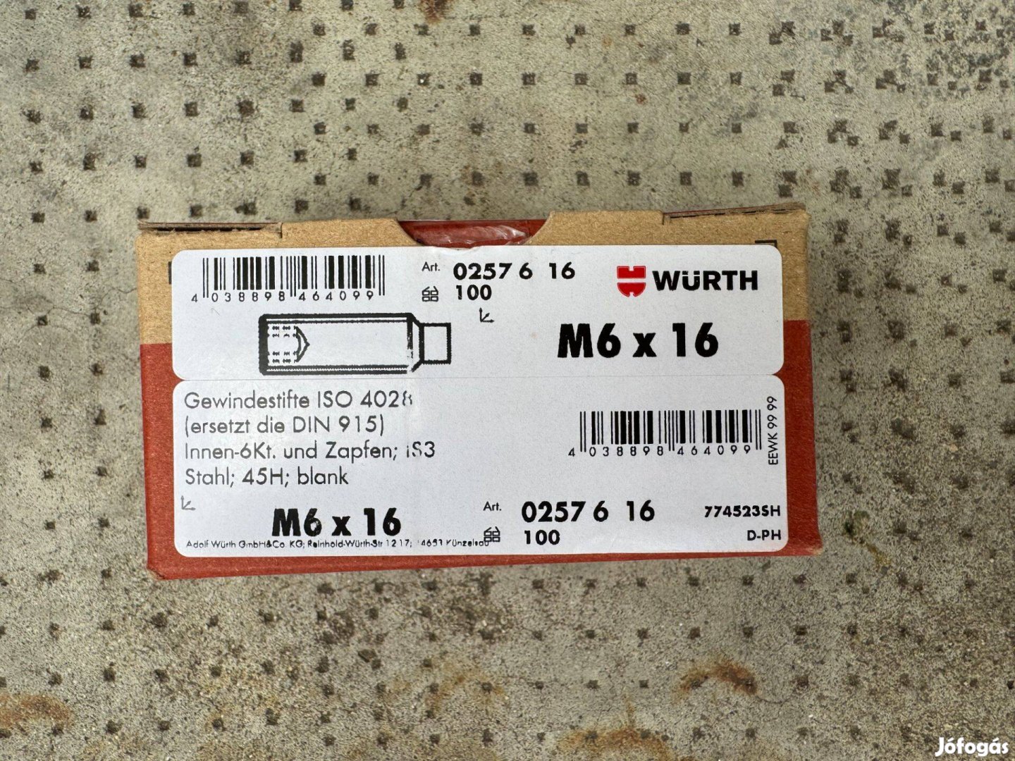 Új Würth Belső Kulcsnyílású Hernyócsavar Csappal ISO 4028 02576 16