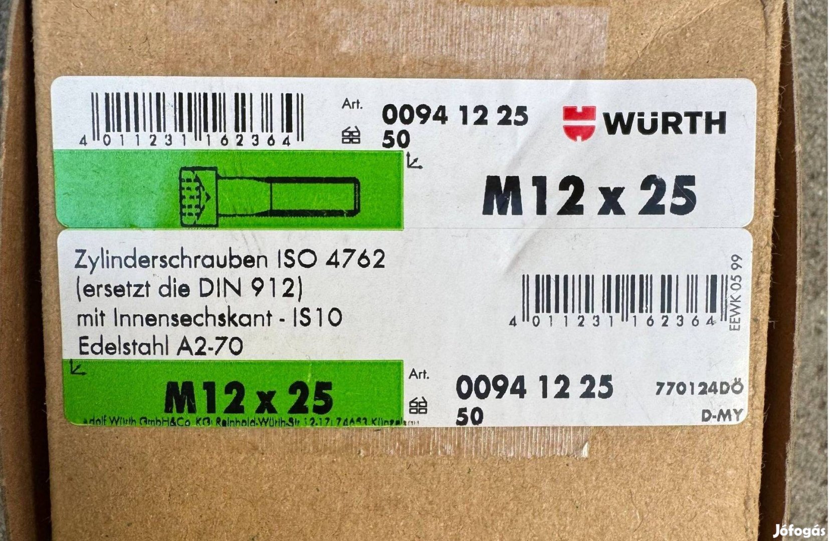 Új Würth Belsőkulcsnyílású Csavar ISO 4762/DIN 912 A2-70 009412 25