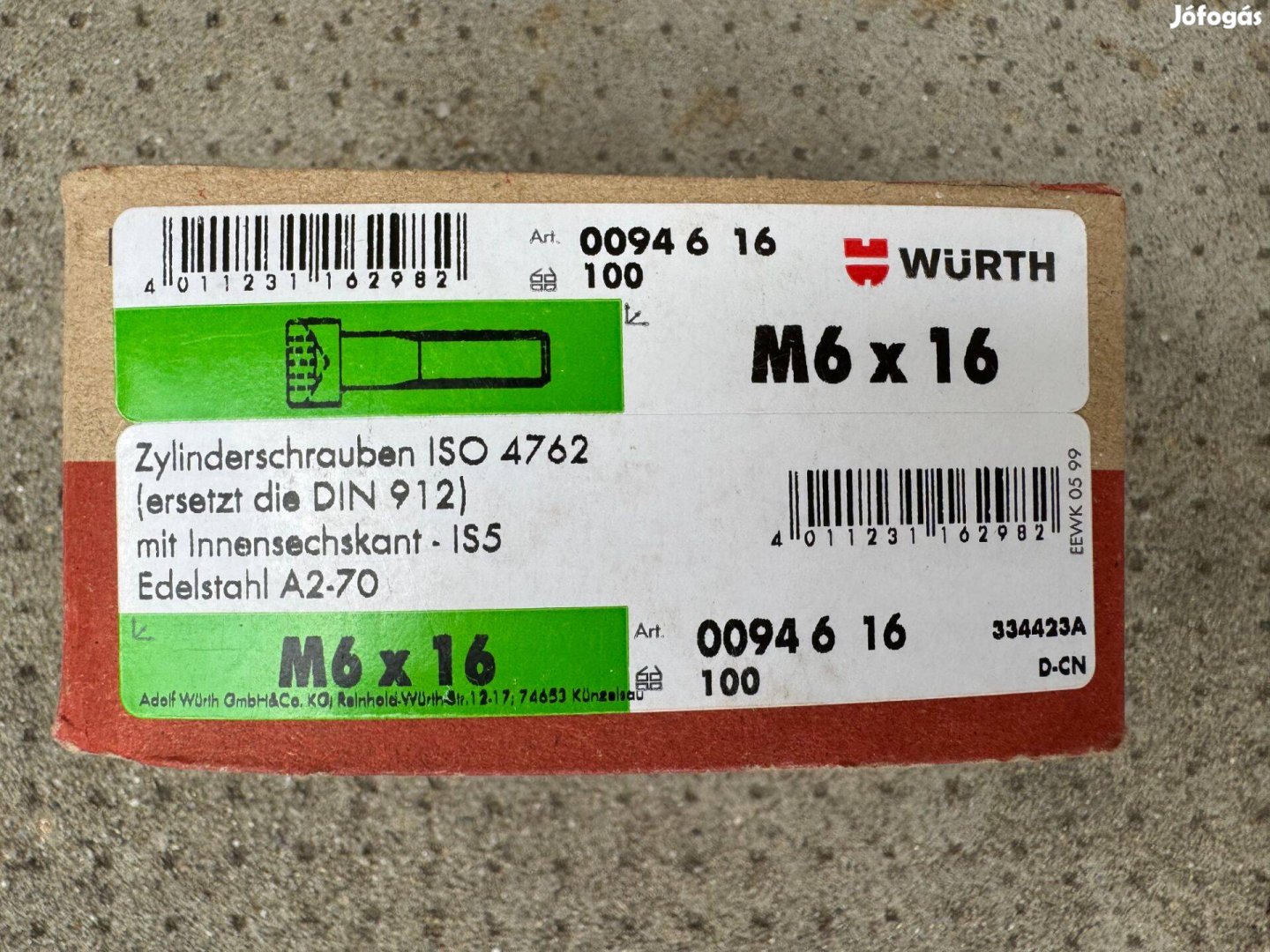 Új Würth Belsőkulcsnyílású Csavar ISO 4762/DIN 912 A2-70 00946 16
