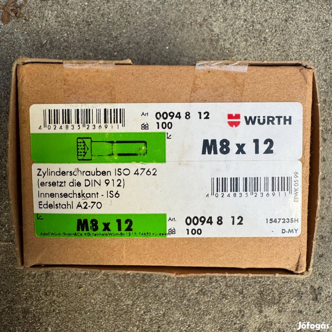 Új Würth Belsőkulcsnyílású Csavar ISO 4762/DIN 912 A2-70 00948 12