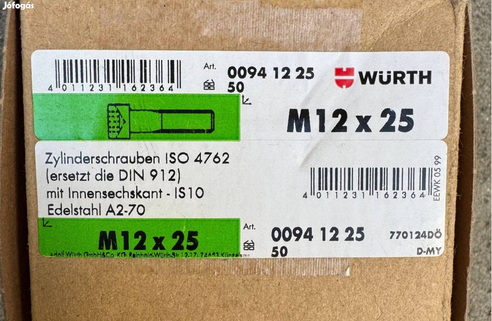 Új Würth Belsőkulcsnyílású csavar ISO 4762/DIN 912, A2-70 009412 25
