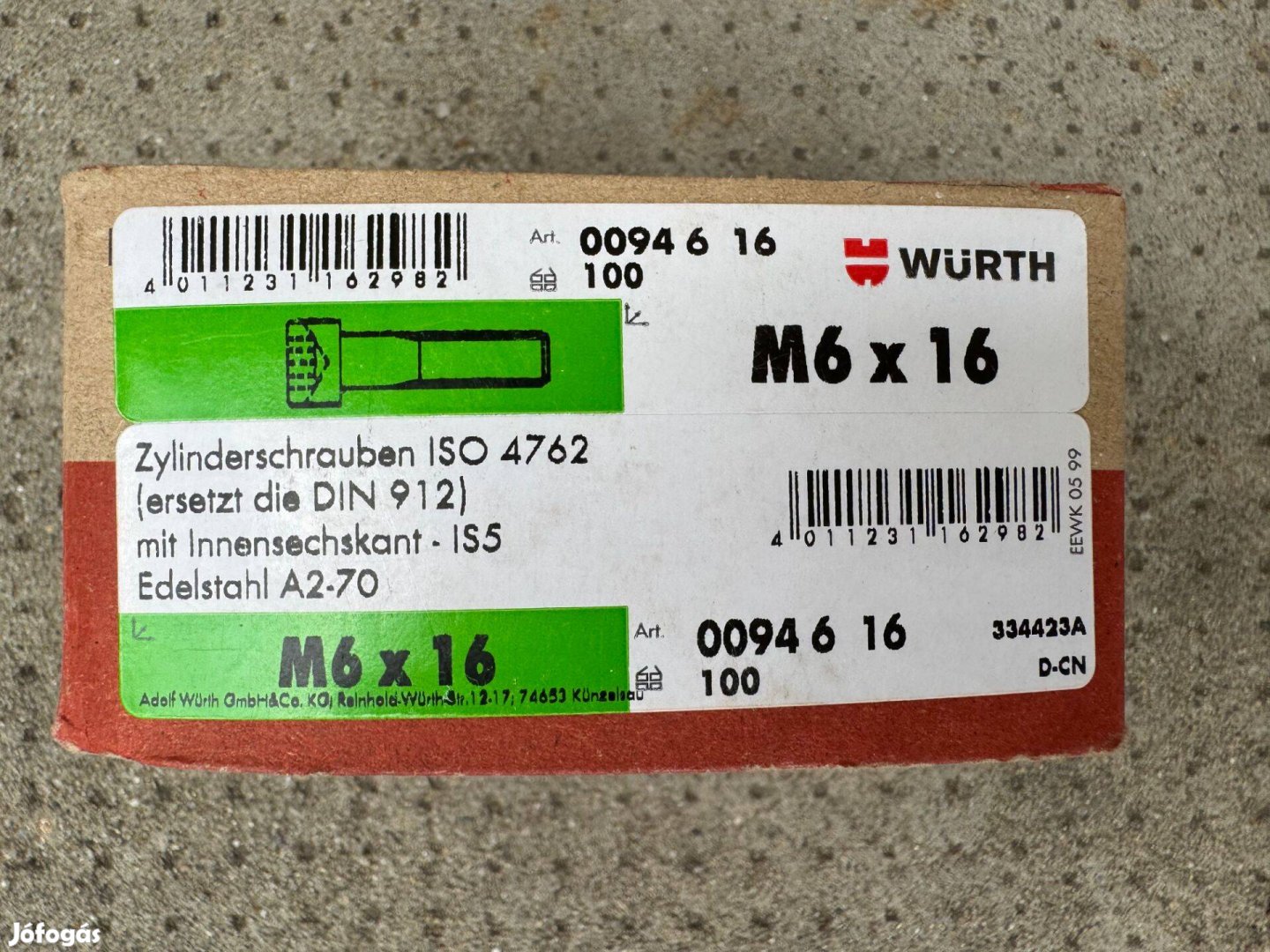 Új Würth Belsőkulcsnyílású csavar ISO 4762/DIN 912, A2-70 00946 16