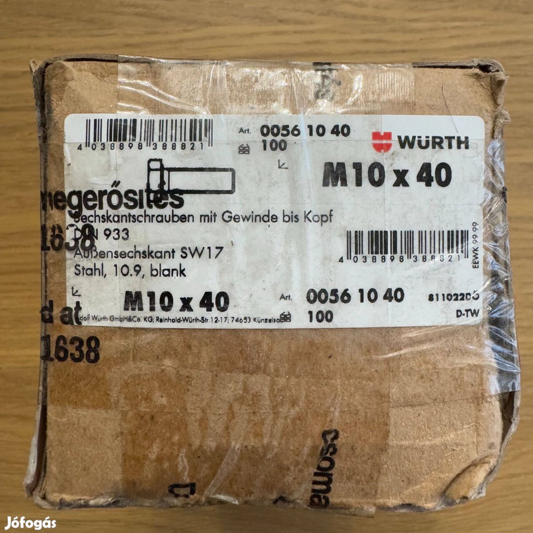 Új Würth Hatlapfejű csavar tövigmenettel DIN 933 acél 10.9 Kezeletlen