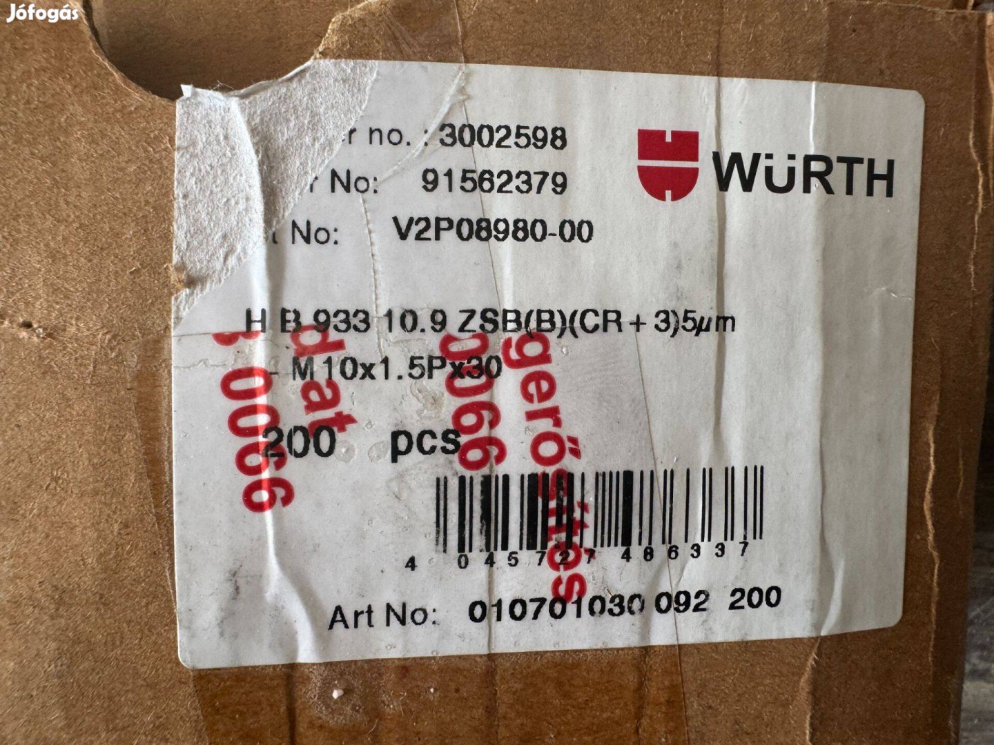 Új Würth Hatlapfejű csavar tövigmenettel DIN 933 acél 10.9 horganyzott
