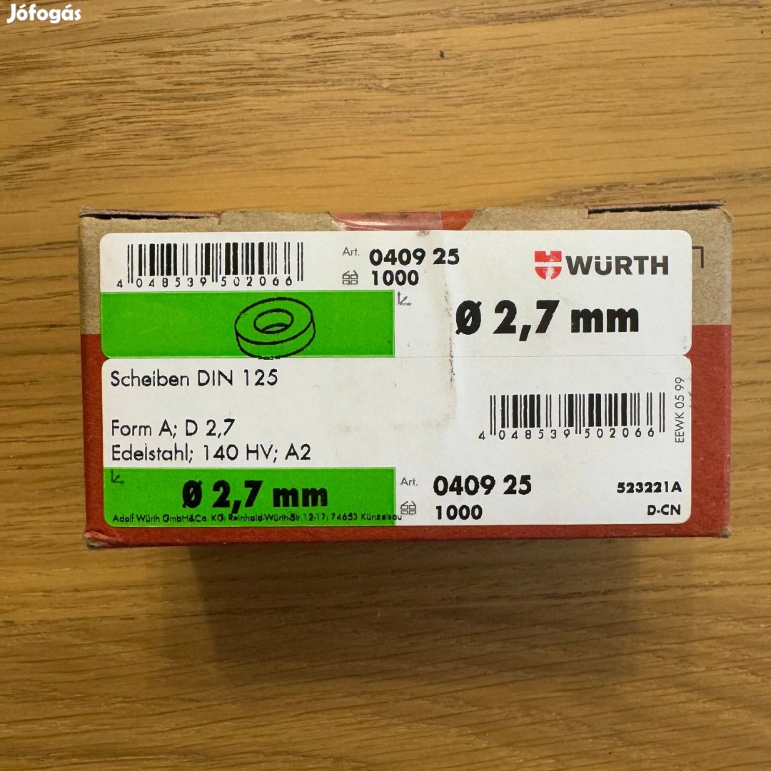 Új Würth Lapos alátét Hatlapfejű csavarokhoz anyákhoz DIN 125 A2 Nemes