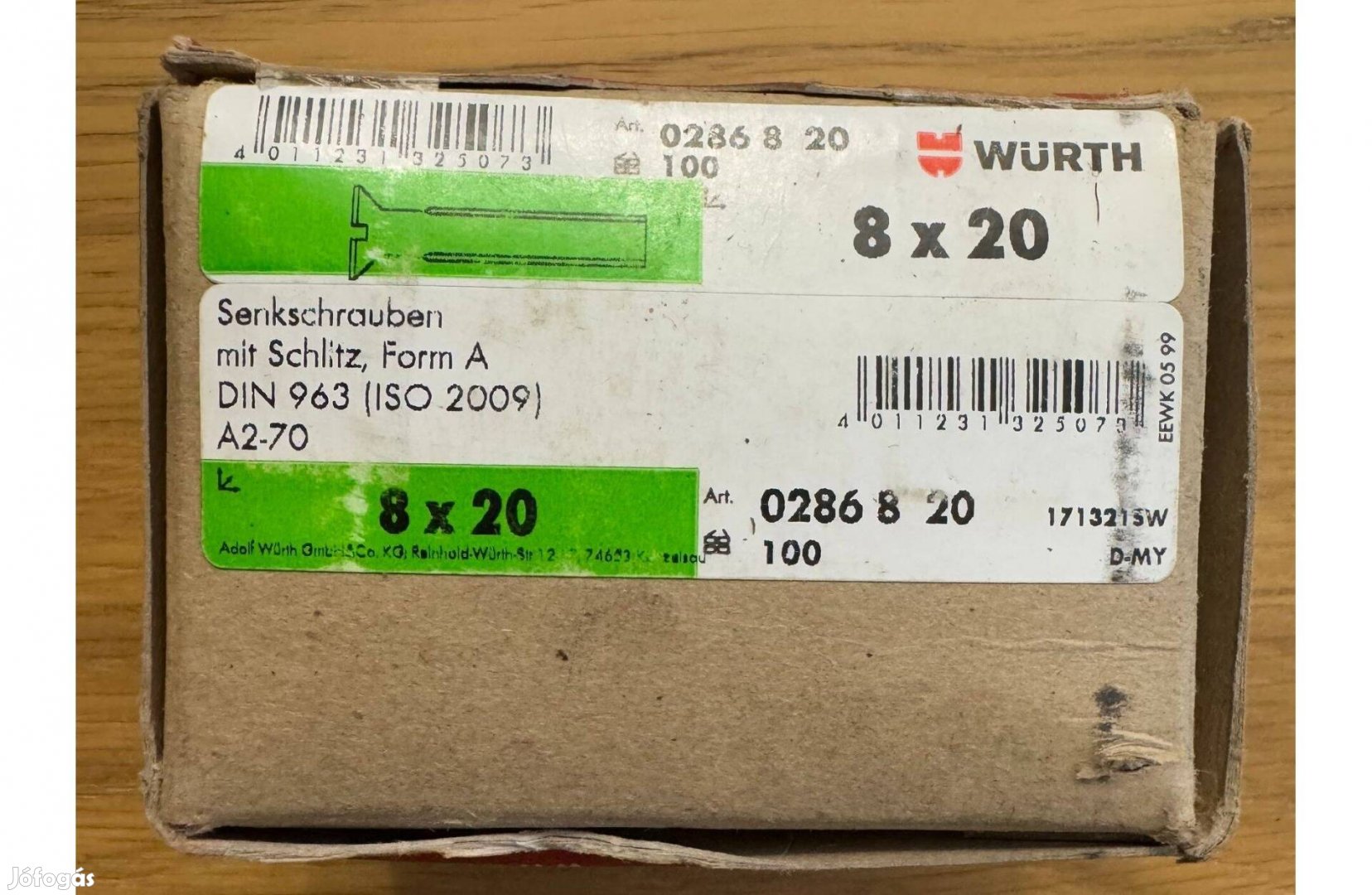 Új Würth Süllyesztett fejű csavar horonnyal DIN 963 A2 nemesacél