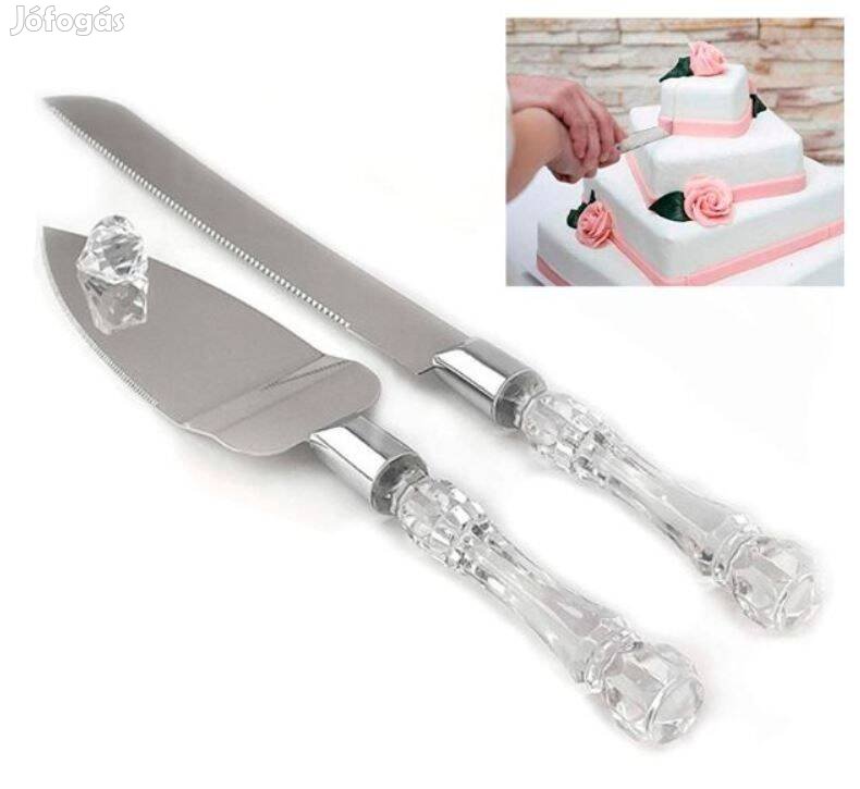 Új, 2db-os díszes nyelű esküvői tortavágó kés szett: spatula + kés