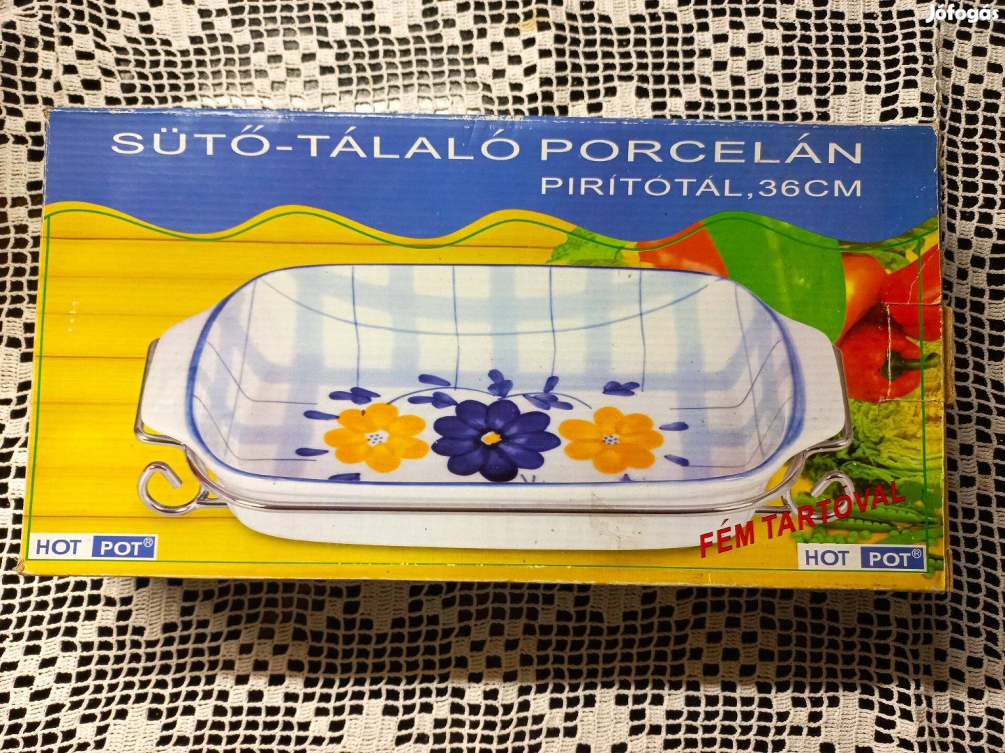 Új, 36 cm-es porcelán sütő - tálaló tál fém tartóval