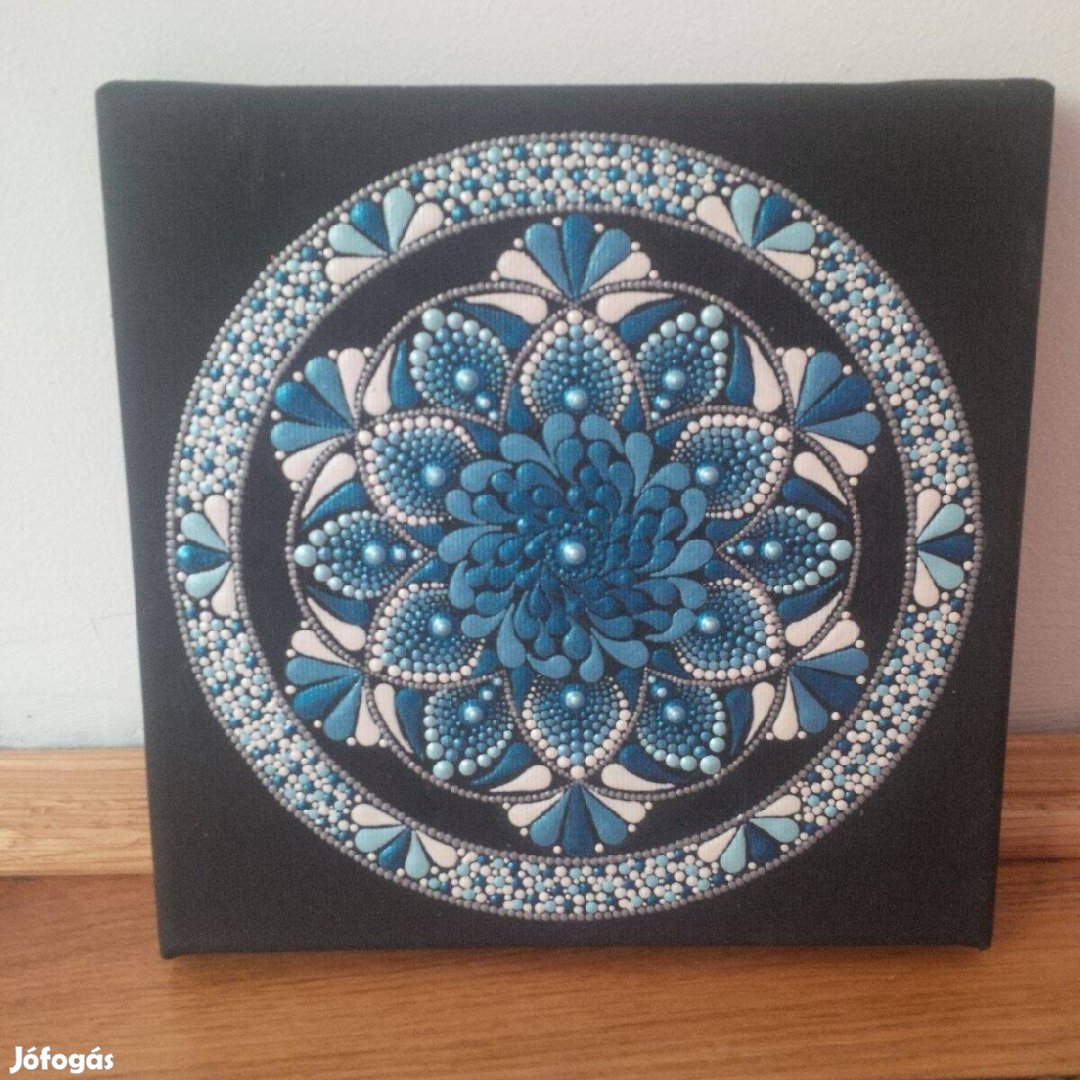 Új! Belső erő kék fehér mandala kép kézzel festett 20x20cm