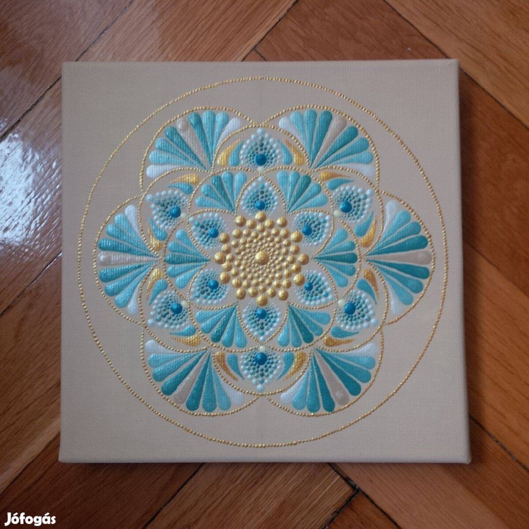 Új! Bézs türkiz kék arany mandala kép kézzel festett 20x20cm