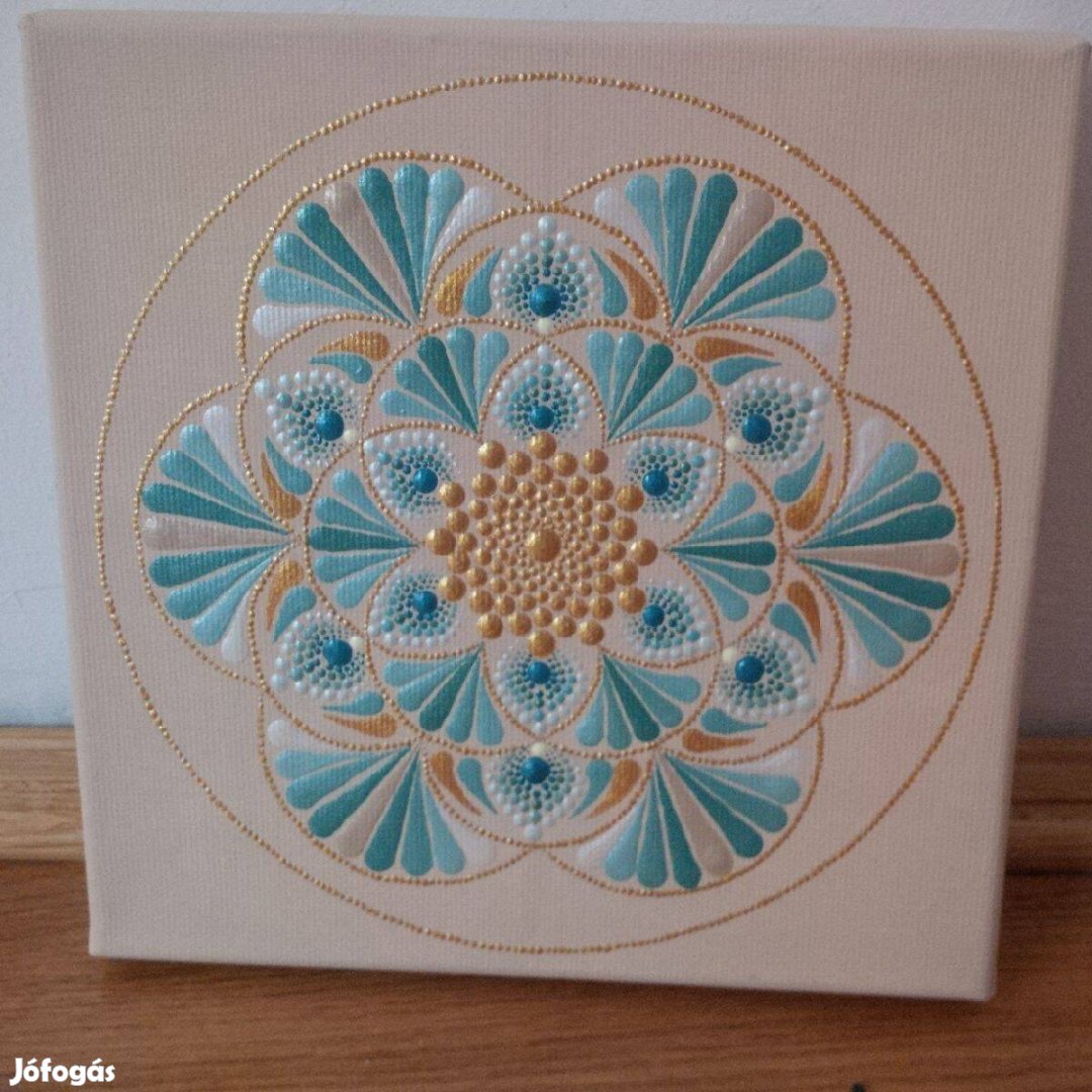 Új! Bézs türkiz kék arany mandala kép kézzel festett 20x20cm