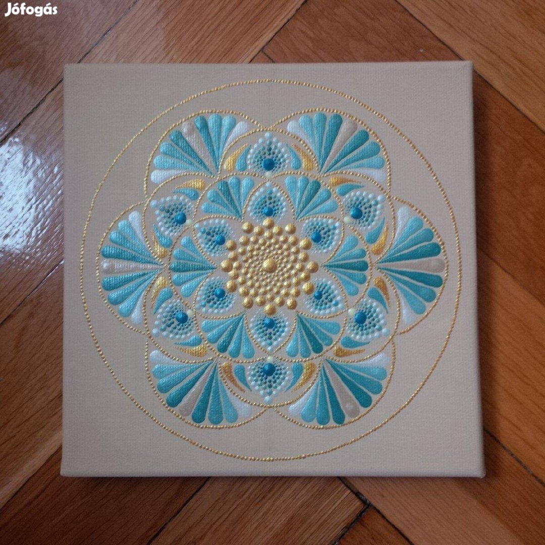 Új! Bézs türkiz kék arany mandala kép kézzel festett 20x20cm