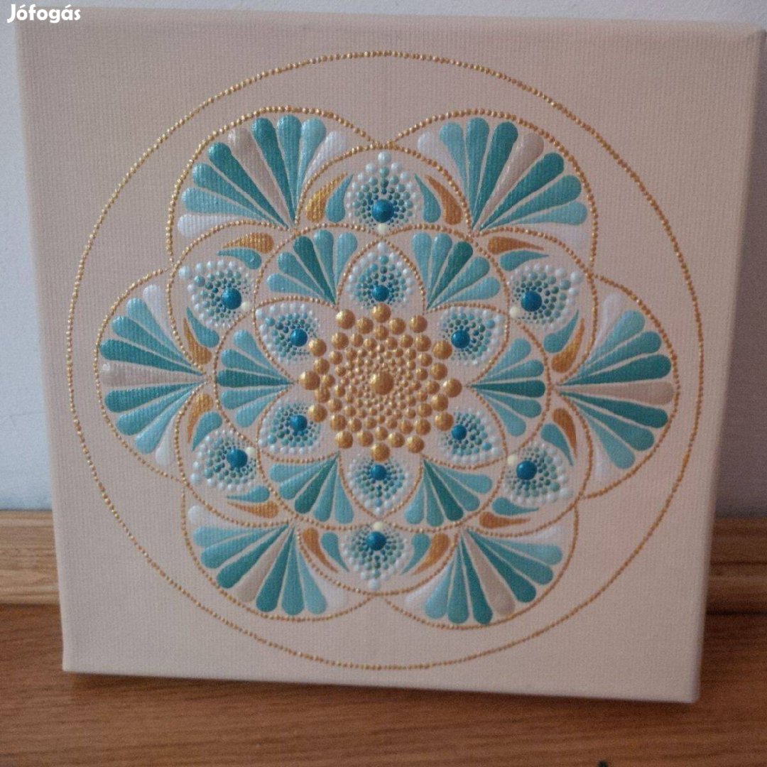 Új! Bézs türkiz kék arany mandala kép kézzel festett 20x20cm