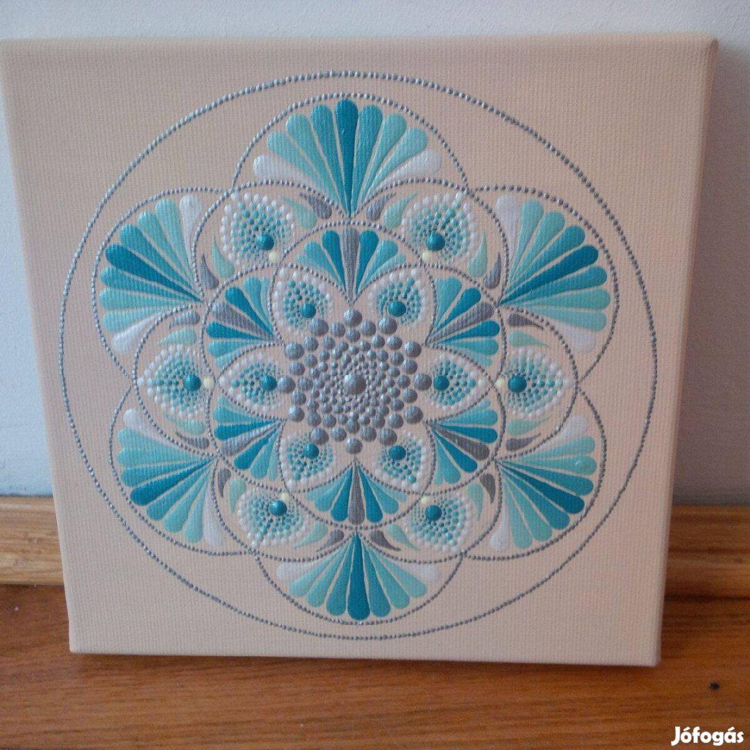 Új! Bézs türkiz kék ezüst mandala kép kézzel festett 20x20cm