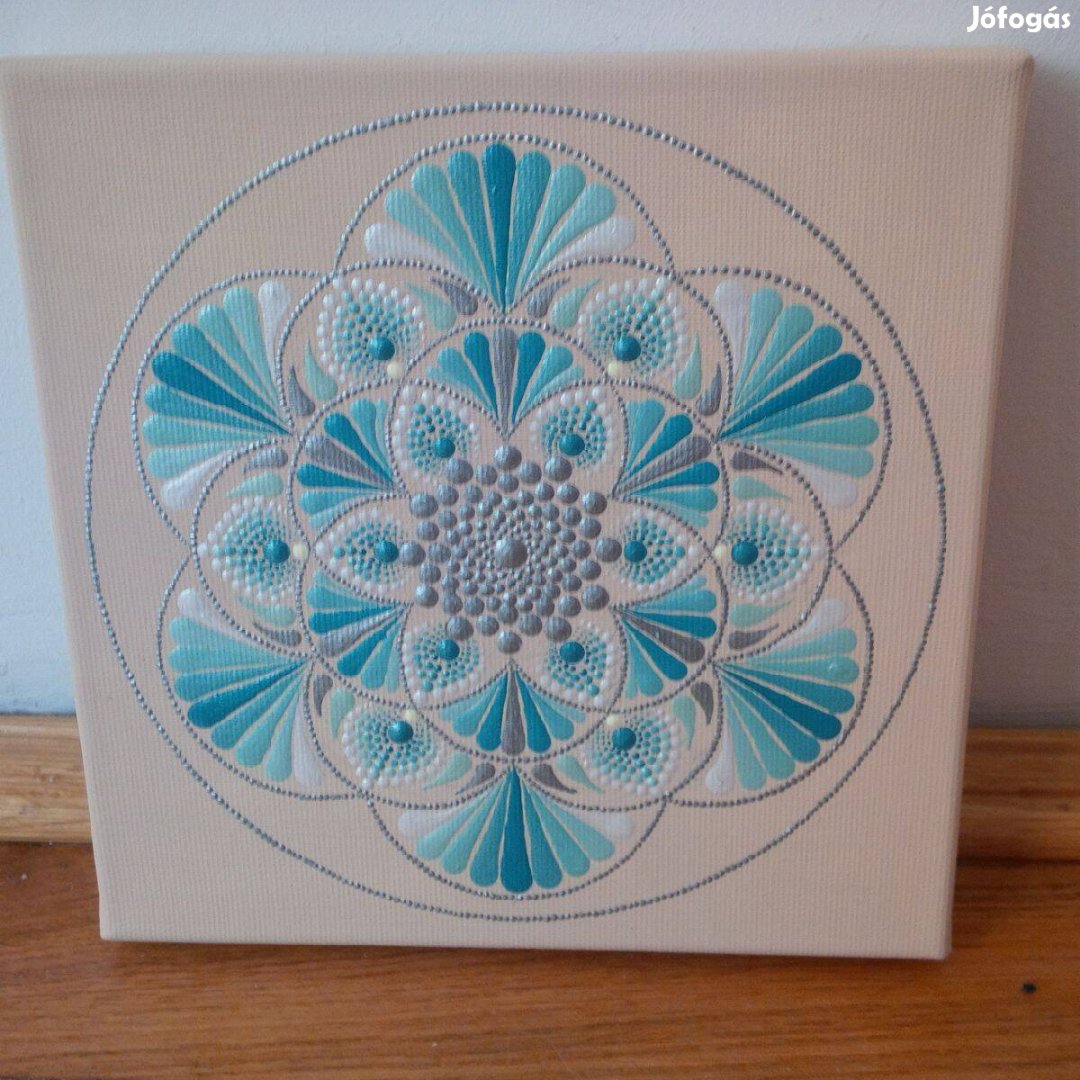 Új! Bézs türkiz kék ezüst mandala kép kézzel festett 20x20cm