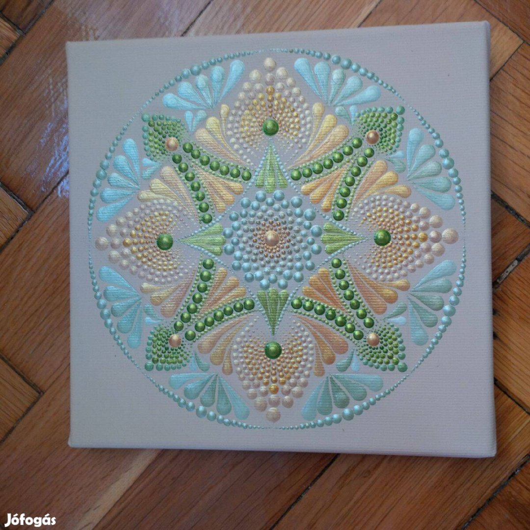 Új! Bézs zöld arany Iránytű mandala kép kézzel festett 20x20cm