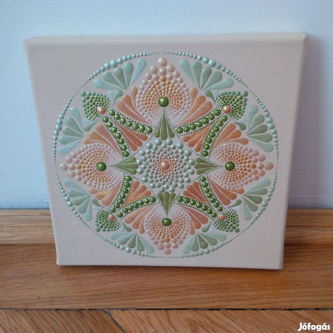 Új! Bézs zöld arany Iránytű mandala kép kézzel festett 20x20cm