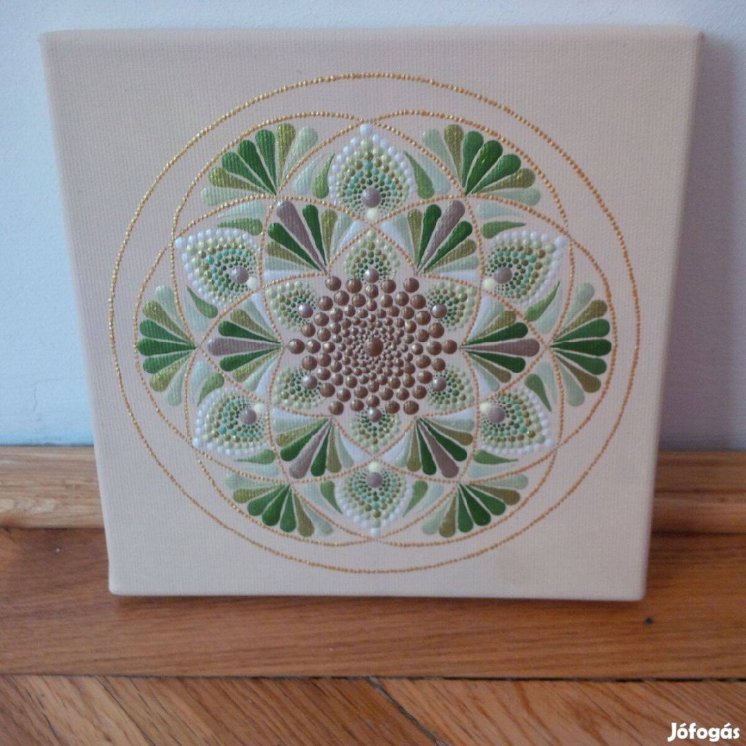 Új! Bézs zöld barna arany mandala kép kézzel festett 20x20cm