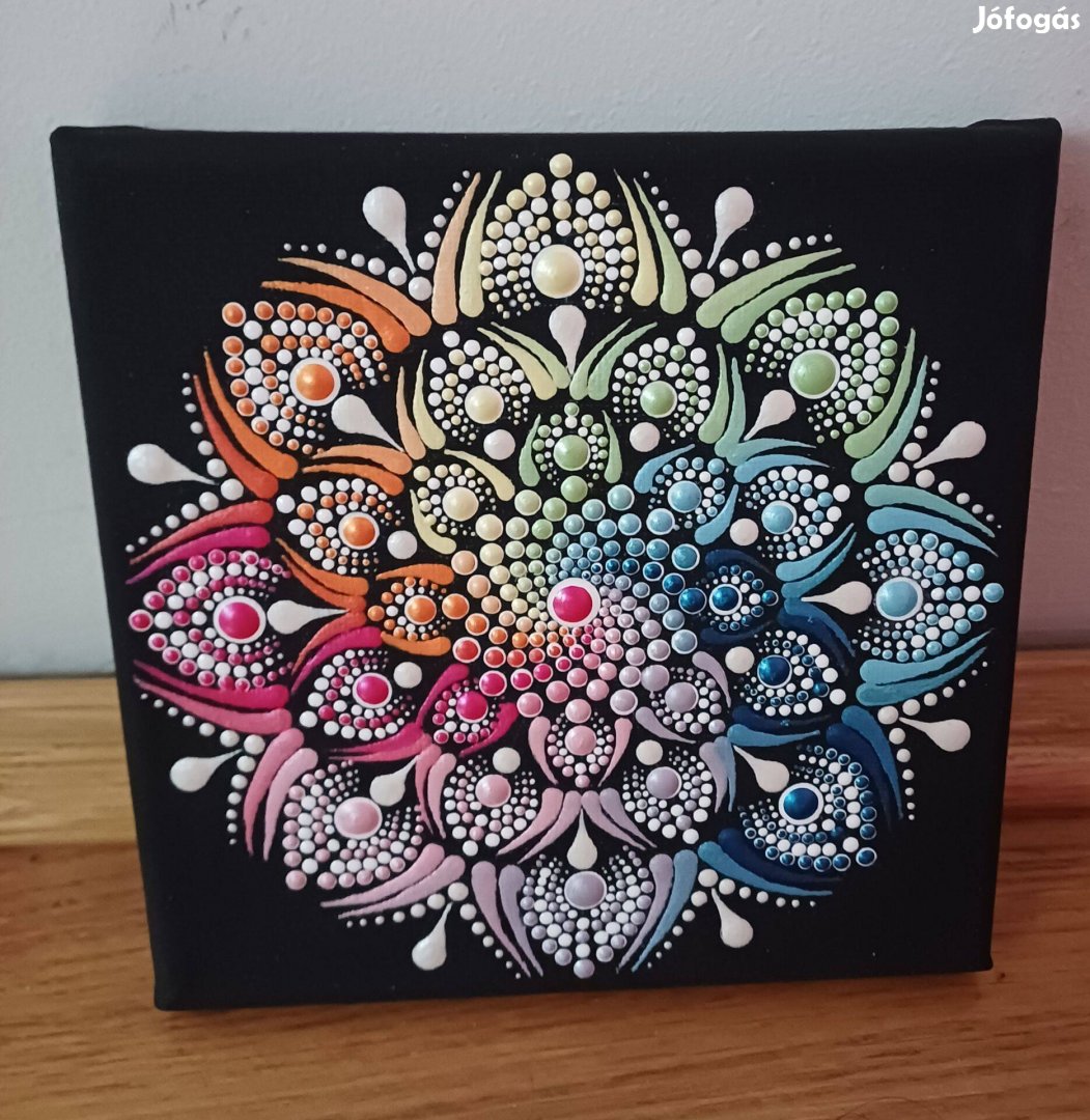 Új! Csakra színek mandala kép, kézzel festett 15x15cm