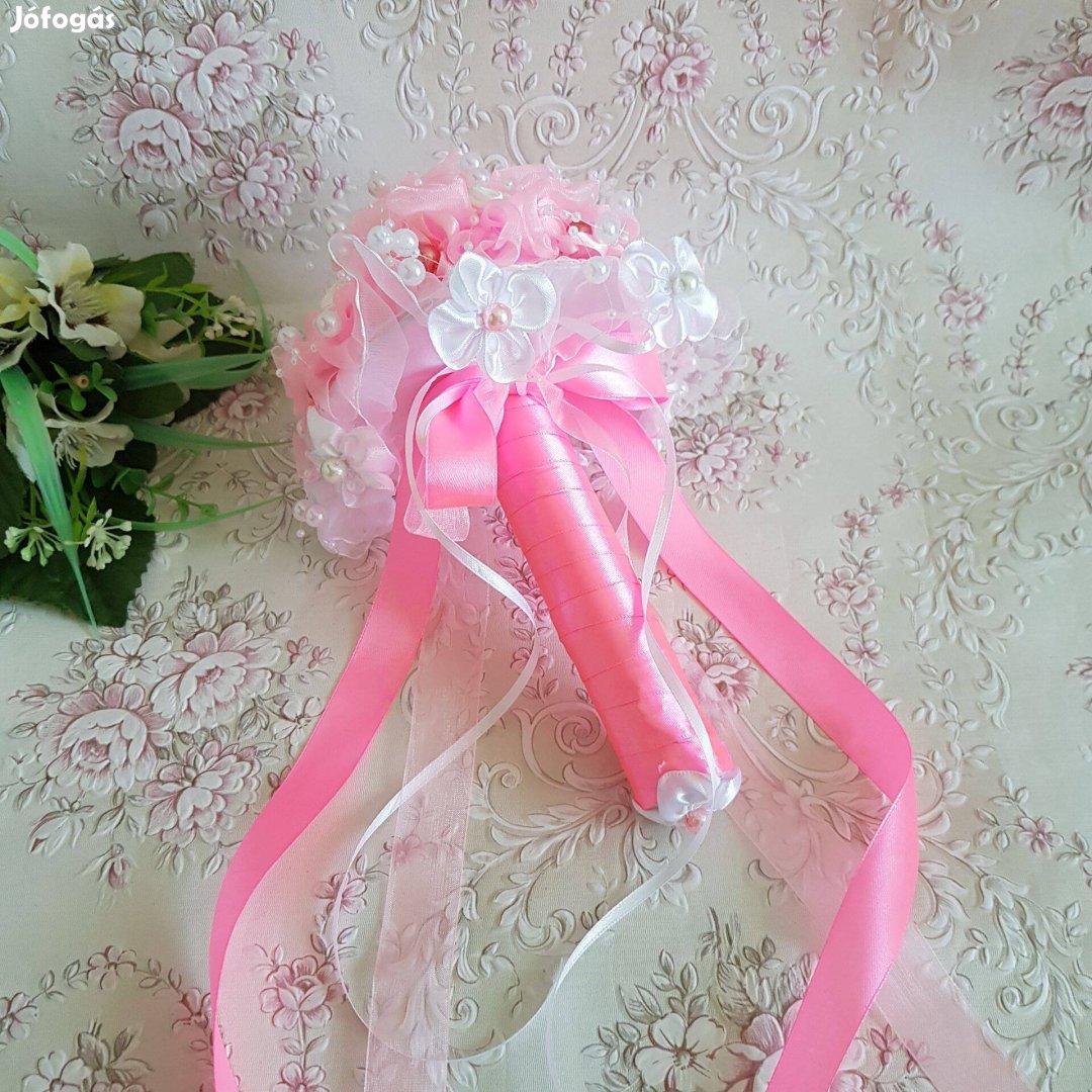 Új, Egyedi készítésű hófehér-élénk rózsaszín menyasszonyi örökcsokor
