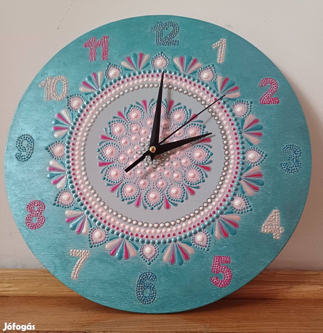 Új! Fali óra türkiz pink rózsaszín mandala dísz, kézzel festett 30cm