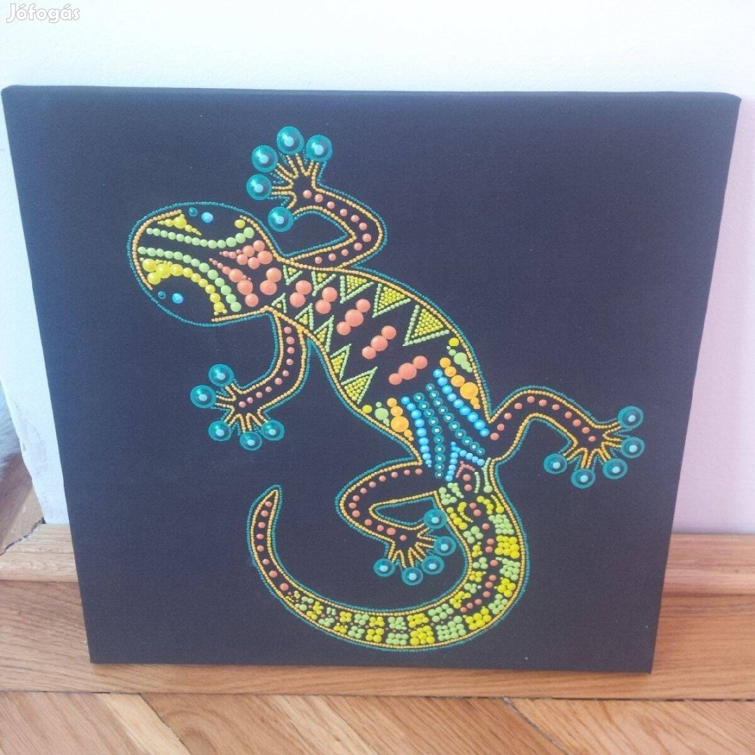 Új! Gekko mandala kép, kézzel festett, 30x30cm