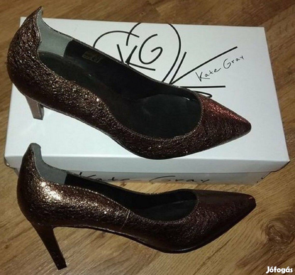 Új, Kate Gray luxus 40-es álomszép bőr bronz csillogó cipő