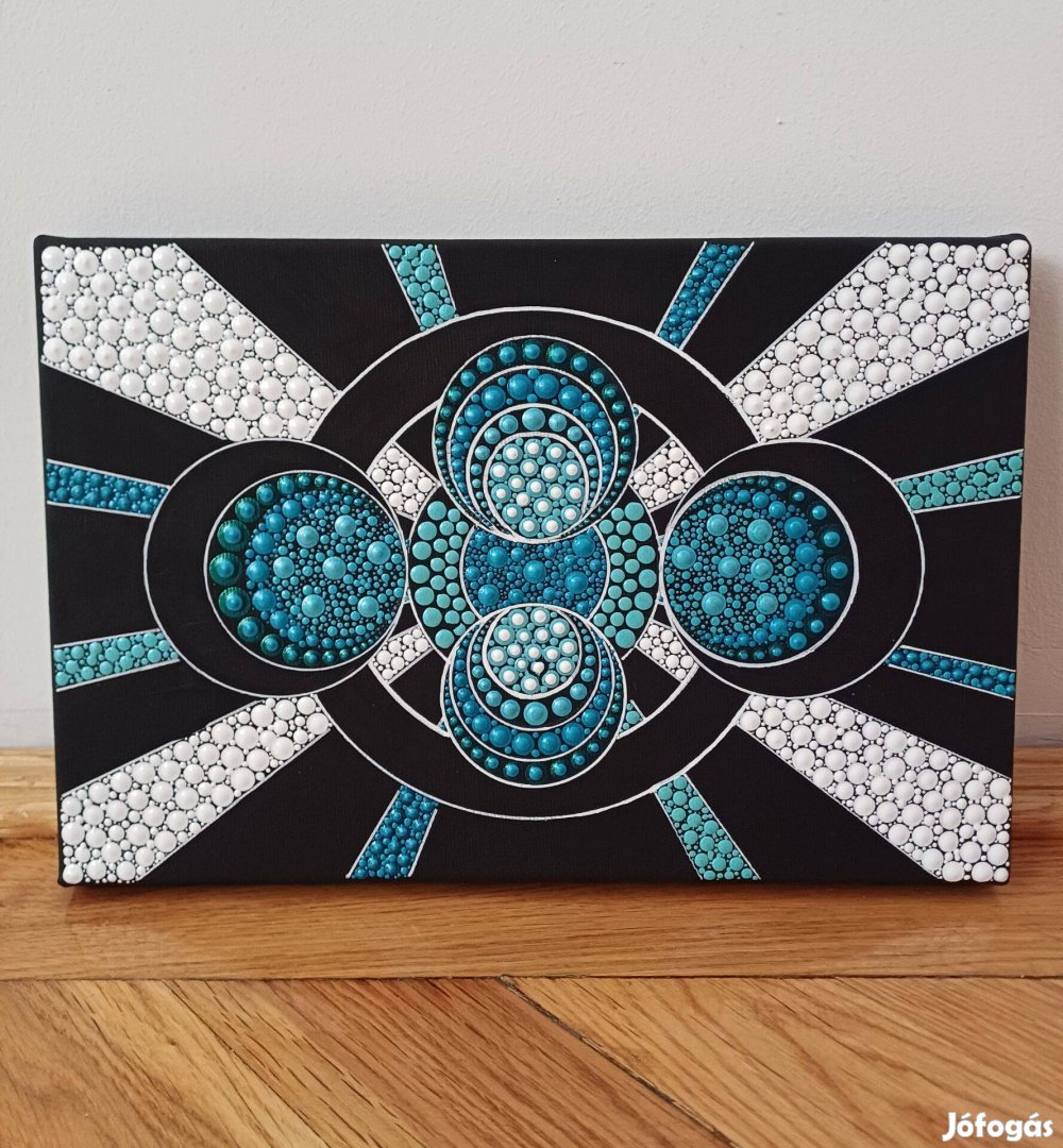 Új! Kék fehér Űr feszített vászon mandala kép, kézzel festett, 20x30cm