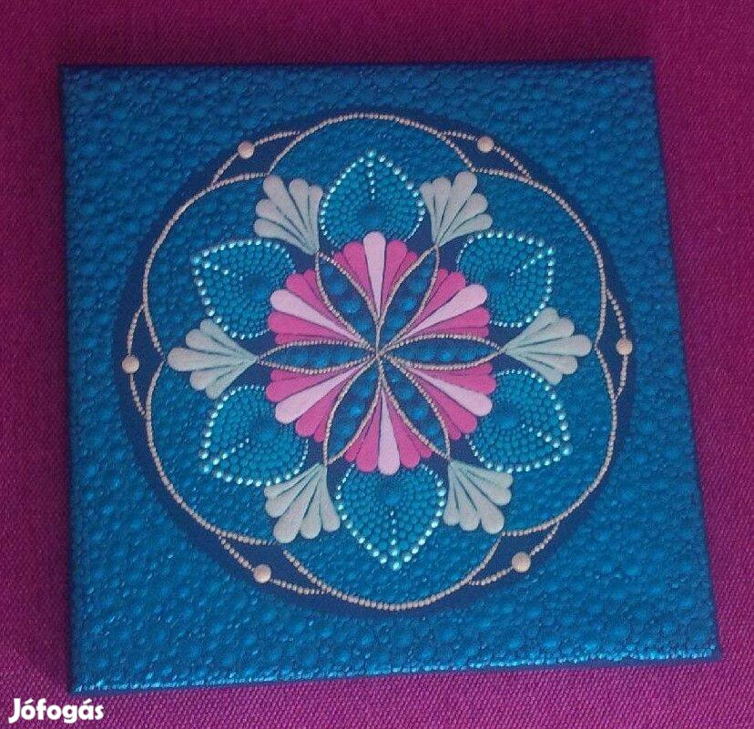 Új! Kék pink virág mandala kép kézzel festett 20x20cm