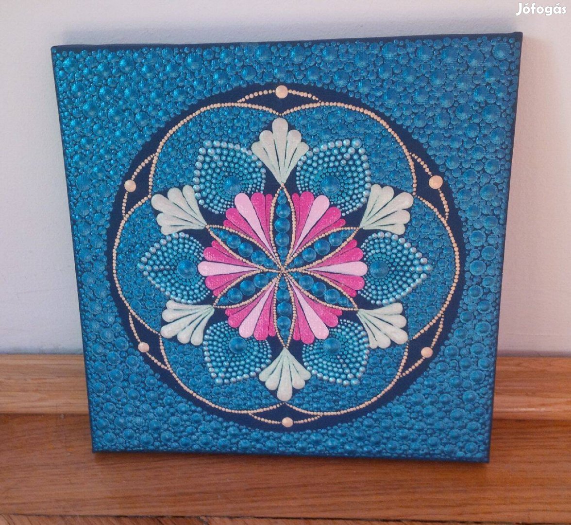 Új! Kék pink virág mandala kép kézzel festett 20x20cm